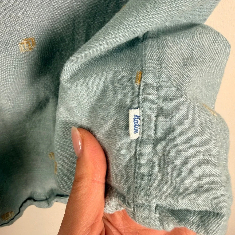 Katin Mens Leo Button Up Short Sleeve Shirt Light Blue Cotton Linen Embroider XL